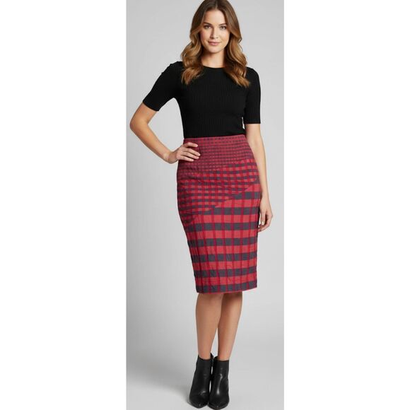 Diane von furstenberg women small pink gray skirt midi viscose stretch plaid